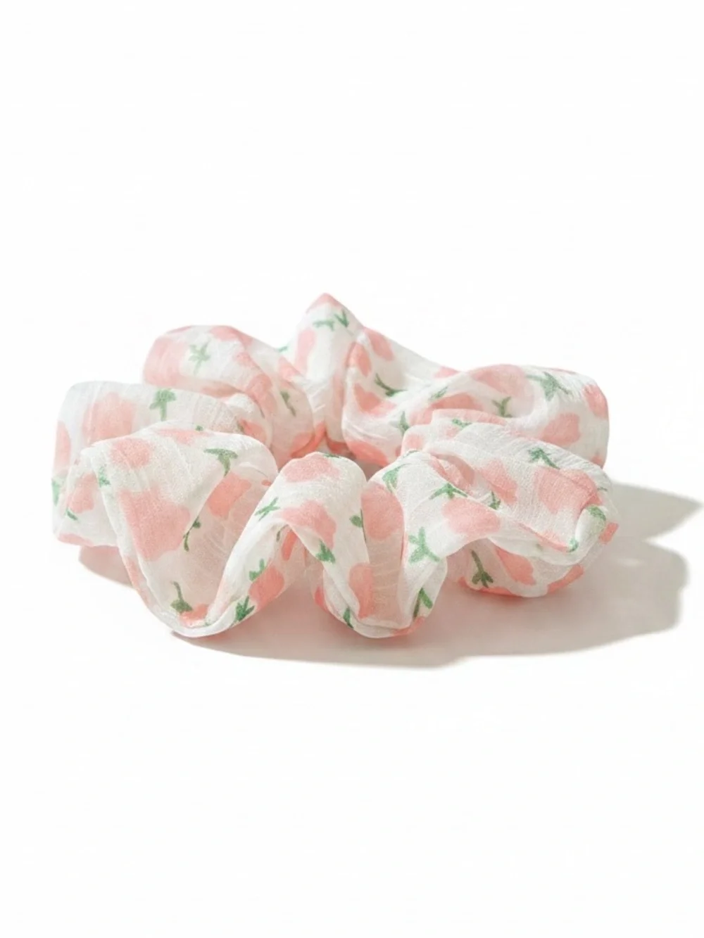 Light Pink Wild Flower Floral White Semi Sheer Chiffon Ponytail Holder Scrunchie
